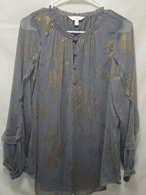 LC Lauren Conrad Sheer Ruffle Blouse Blue‑Gray Gold Floral Metallic M